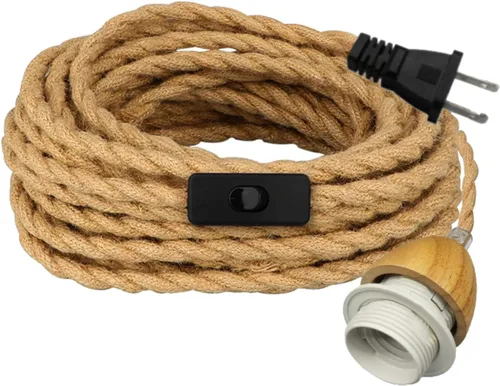 Vista 9 de Luces colgantes rústicas de granja con cable enchufable, cable de cuerda de cáñamo trenzada de 16.7 pies, pantalla tejida de cáñamo de 23x10 cm