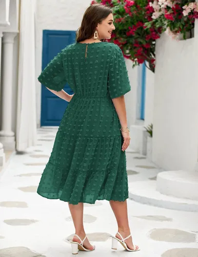 Vista 8 de IN'VOLAND Vestido de gasa con lunares suizos para mujer, talla grande, de gasa, de manga corta, cintura alta, acampanado, con volantes, vestido midi