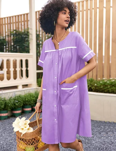 Vista 3 de Ekouaer Ropa de dormir para mujer, camisón frontal a presión, bata de algodón, manga corta, vestido de casa