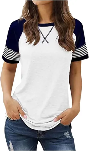 Vista 10 de Womens Summer Tops Raglan Short Sleeve Striped T-Shirts Color Block Crewneck Workout Tee Tshirts Loose Fitting Tunics