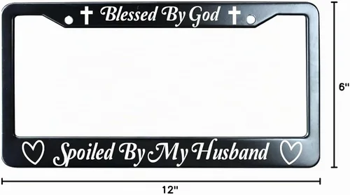 Vista 2 de Blessed by God Spoiled by My Husband Marco de matrícula de metal negro resistente, divertido humor marco para placa de auto, soporte para placa