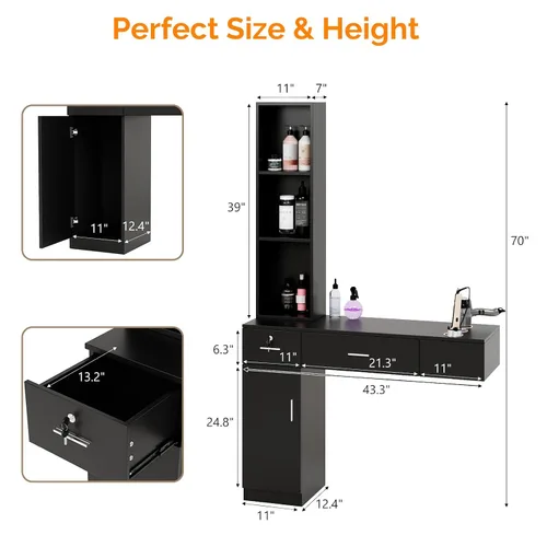 Vista 5 de OmySalon Estaciones de peluquería de montaje en pared, estaciones de salón para estilistas, juego de equipos de peinado con un gabinete de Negro
