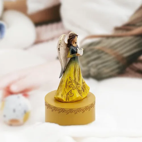 Vista 8 de Caja de música, figurita de caja musical del Ángel Guardián sosteniendo un corazón, cajas musicales esculpidas pintadas a mano, figuras de cajas