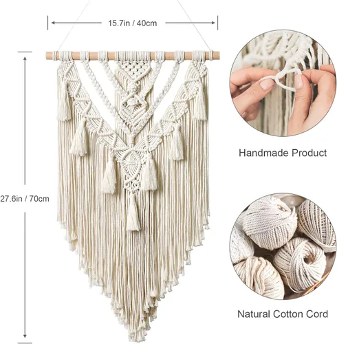 Vista 4 de Dremisland - Tapiz tejido de macramé para colgar en la pared, geométrico estilo boho, beige y gris, de algodón hecho a mano, decoración artística