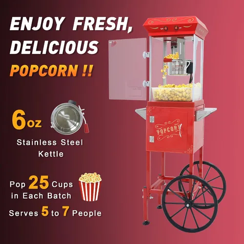 Vista 2 de Máquina para hacer palomitas de maíz, carrito profesional con hervidor de 6 onzas para hasta 25 tazas, máquina comercial vintage de acero Rojo