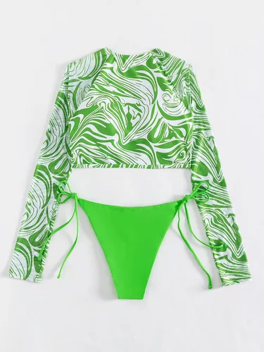 Vista 3 de MakeMeChic Traje de baño de dos piezas para mujer con estampado de manga larga