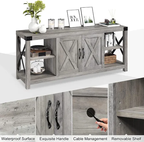 Vista 8 de IDEALHOUSE Soporte de TV de 59 pulgadas para TV de hasta 65 pulgadas, gabinete de TV de madera de granja con almacenamiento y estantes ajustables