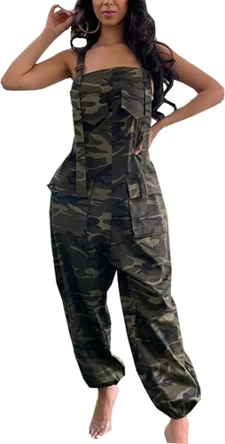 Vista 4 de LETSVDO Overol casual de harén para mujer, talla grande, camuflaje, tirantes delgados, sin mangas, pierna ancha, holgado, pantalones