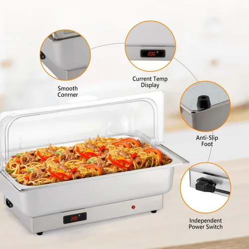 Vista 7 de ROVSUN Juego de bufé eléctrico de acero inoxidable de 9 cuartos de galón, NSF con tapa enrollable para catering, calentador de alimentos