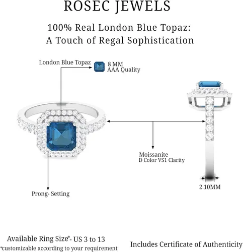 Vista 10 de Anillo de compromiso natural de corte Asscher con topacio azul Londres con moissanita, calidad AAA, anillo de compromiso de doble halo certificado