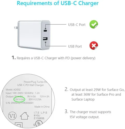 Vista 11 de Cable de carga USB C de 10 pies para Microsoft Surface Pro