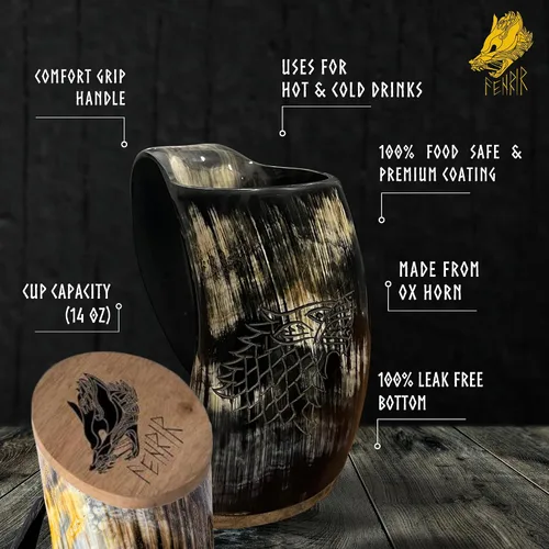 Vista 3 de FENRIR Cuerno vikingo para beber con taza de café y cuchara con plato Cuerno de buey auténtico nórdico Grado alimenticio medieval Bebidas