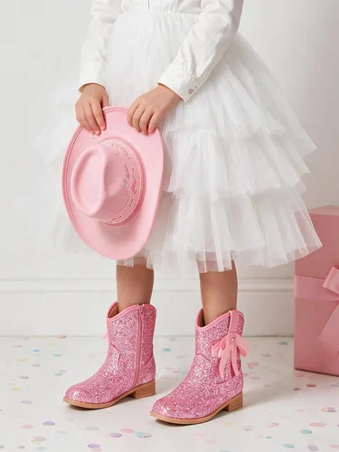Vista 2 de Coutgo Botas vaqueras para niñas, botas de tacón bajo con purpurina, botas Rosa