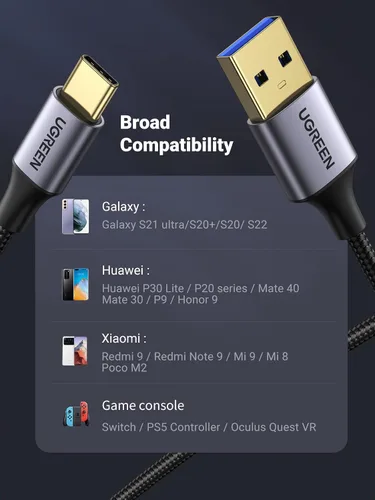 Vista 5 de UGREEN Cable USB a USB C 3.0 Cable USB C 3.0 de transferencia de datos de 5 Gbps tipo C, cable trenzado de nailon de carga rápida para Android