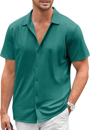 Vista 15 de COOFANDY Camisa casual con botones para hombre, manga corta, sin arrugas, camisa de verano Negro