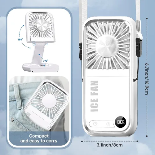 Vista 4 de Mini ventilador portátil, ventilador de mano mejorado 5 en 1 plegable, ventilador de cuello, ventilador de escritorio, banco de energía de 3000 mAh