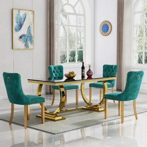 Vista 22 de HomVent Juego de mesa de comedor moderna de mármol sintético para 4 personas, mesa de cocina rectangular con 4 sillas beige (dorado)