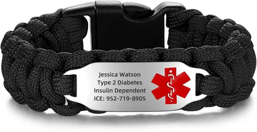 Vista 65 de Pulsera de alerta médica Paracord para hombres y mujeres Pulsera de identificación médica de acero inoxidable con hebillas de liberación lateral
