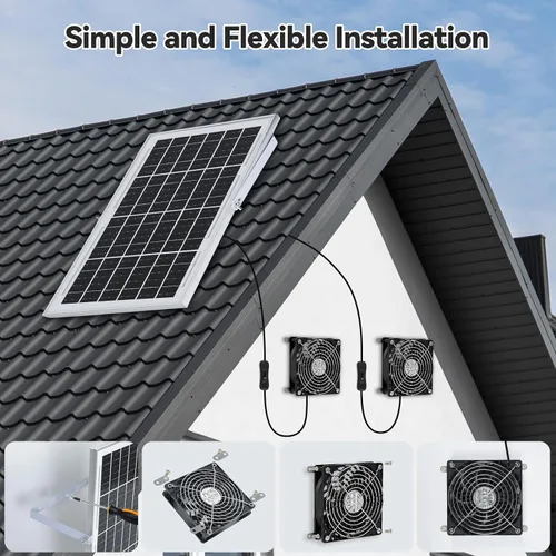 Vista 7 de ELUTENG Ventilador solar de 5 pulgadas, 15 W, máximo 3000 RPM, impermeable, doble ventilador de escape solar con cable de CC de 10 pies y kits
