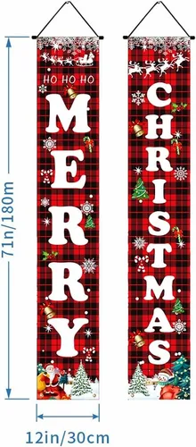 Vista 2 de Decoraciones de Navidad, juego de letreros a cuadros de búfalo rojo y negro para festival, cartel de puerta de Feliz Navidad, patio al aire libre