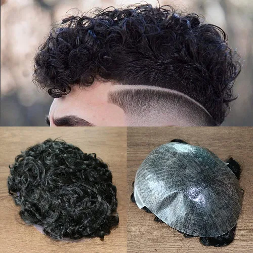 Vista 12 de SIMBEAUTY Cabello humano Remy indio 360 ondulado, 0.394 pulgadas, base de piel de tupé rizado, 10 x 8 pulgadas, para hombres negros con sistema