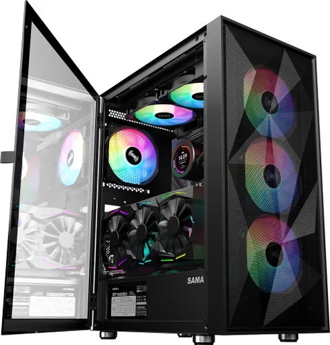 Vista 7 de SAMA 3509 ATX Mid Tower PC Case - Malla frontal de acero, panel lateral de vidrio templado con bisagras, 4 ventiladores ARGB preinstalados, USB 3.0