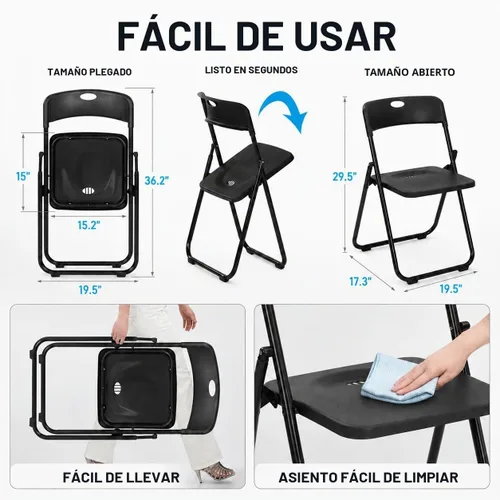 Vista 3 de Paquete de 6 sillas plegables de plástico negro, silla plegable Nuevo Negro