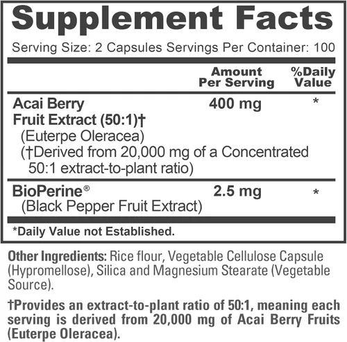 Vista 4 de NusaPure Cápsulas de bayas de acai 20000mg 200 cápsulas vegetales Sin OMG, extracto 501, bioperina