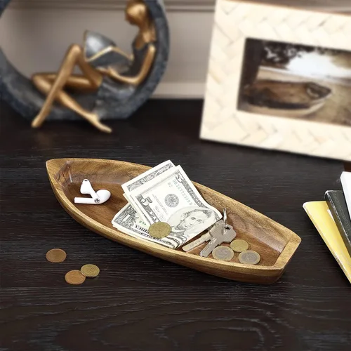 Vista 4 de Bandeja para servir Barco de la Suerte, plato de madera maciza de acacia con forma interesante para servir postres, frutas, aperitivos y ornamento