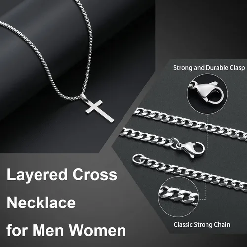 Vista 6 de LUXEJEW Collares de cruz de acero inoxidable para hombres, cadena de eslabones cubanos de cadena de eslabones negros, plateados y dorados, collar