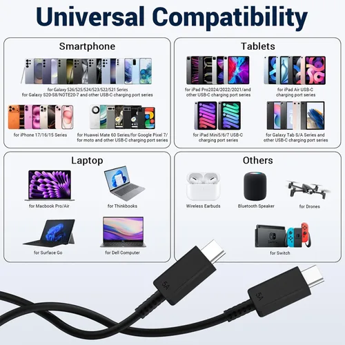 Vista 7 de Paquete de 2 cables de carga Samsung de 6 pies, 100 W/5 A, cable de carga rápida tipo C a tipo C, para Galaxy S25/S24/S23/S22/S21 Edge/Ultra/Note