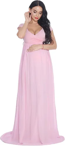Vista 2 de ZIUMUDY Vestido de gasa de maternidad de manga corta con frente cruzado para fotografía de baby shower