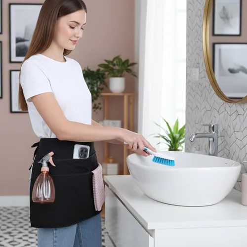 Vista 7 de Delantal de limpieza de tamaño pequeño con 4 bolsillos delantales para mujeres, delantal de camarero y camarera con bolsillos, suministros