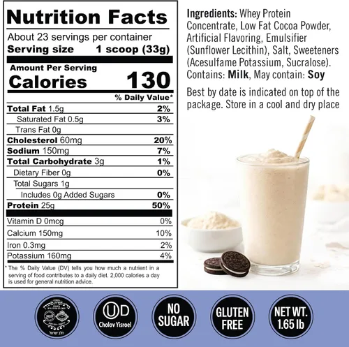 Vista 3 de Polvo de Proteína Cookies & Cream. 25g de Proteína para Recuperación Post Entrenamiento, Batido y Horneado. Sin Gluten y Sin Azúcar, Altamente