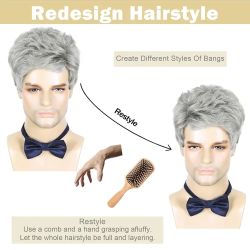 Vista 3 de DDHAIR Peluca corta gris plateado para hombre, pelucas de cabello sintético en capas naturales para hombre, hombre, hombre, hombre, diario, Halloween