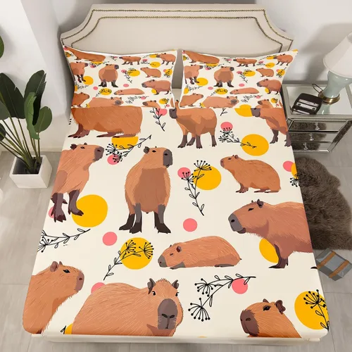 Vista 13 de jejeloiu Capybaras - Juego de sábanas de tamaño individual para amantes de los animales, para niños y niñas, lindas sábanas decorativas de Capybara