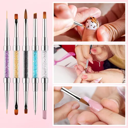 Vista 7 de Juego de 5 pinceles para arte de uñas de doble extremo, mango de diamantes de imitación de cristal, kit de pinceles de uñas 2 en 1 para esmalte