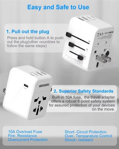 Vista 6 de Adaptador de viaje universal, adaptador de enchufe de alimentación internacional con 3 puertos USB-C y 2 puertos USB-A, cargador de pared todo