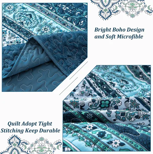 Vista 6 de WONGS BEDDING Juego de edredón bohemio tamaño individual, juego de ropa de cama azul bohemio individual, colcha de microfibra ligera con funda