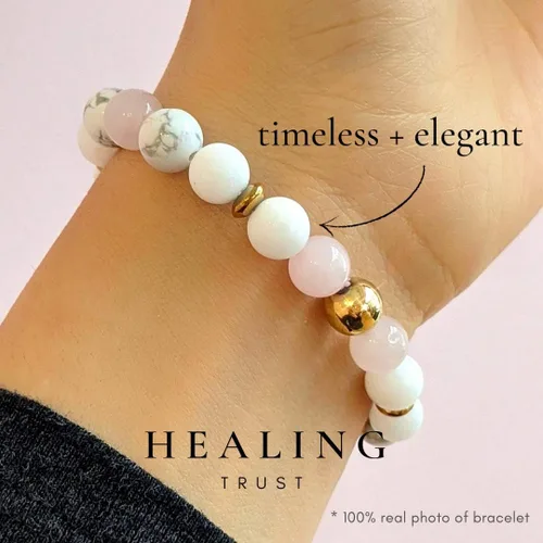 Vista 2 de Confianza curativa Pulsera de cuarzo rosa para mujer auténtico cristal de cuarzo rosa jade blanco howlita blanca hematita feliz pulsera