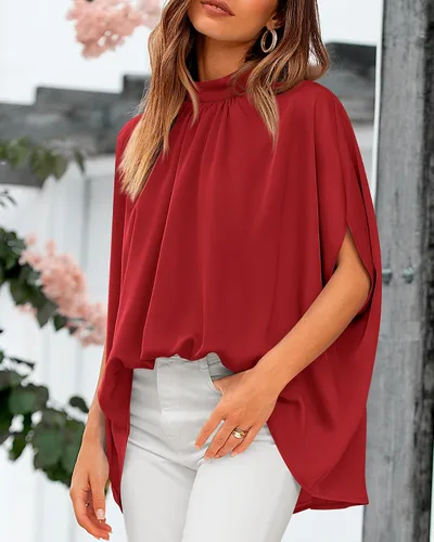 Vista 25 de BTFBM Blusas de verano para mujer, cuello alto falso, manga murciélago, holgadas, dobladillo alto y bajo, blusas informales de gran