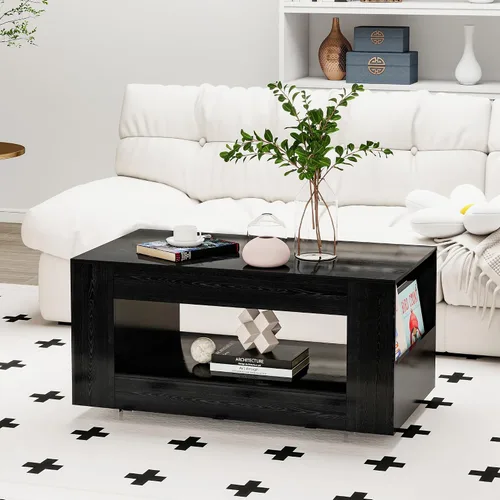 Vista 4 de Mesa de centro de grano de madera con estante abierto, mesa de cóctel moderna de alto brillo para sala de estar, dormitorio, oficina