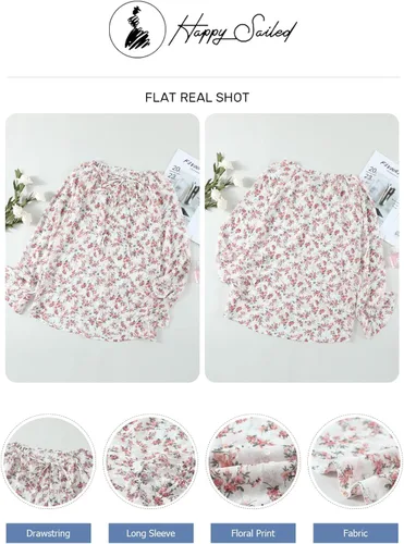 Vista 5 de Happy Sailed Womens Boho Floral Print V Neck Tops Casual Long Sleeve Drawstring Blouses ShirtsS-XXL