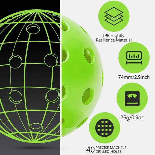 Vista 2 de Navona Paquete de 12 Pelotas de Pickleball Premium para Exteriores con 40 Agujeros Verdes, Cumplen con los Requisitos Oficiales de USAPA, Pelotas