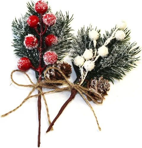 Vista 3 de Paquete de 20 ramas de piñas artificiales de Navidad, ramas de pino de 5.9 pulgadas, tallos de bayas de acebo blanco, ramas de pino, tallos de bayas