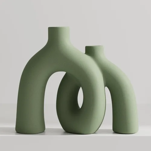 Vista 13 de Juego de jarrones negros mate – Jarrones estéticos de cerámica Hug Hollow Donut para decoración del hogar, moderno jarrón decorativo nórdico