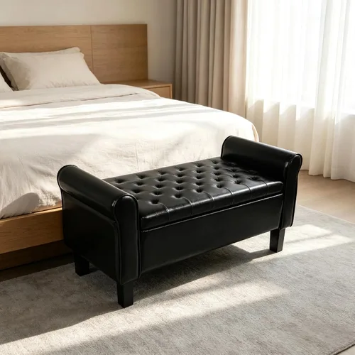 Vista 11 de 51 Inch Brown Faux Leather Storage Ottoman Bench with Rolled Armrests Leather-brown-51 Inch