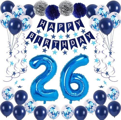 Vista 22 de Decoraciones de fiesta de cumpleaños azul número 29 para hombres y mujeres, suministros de globos de feliz cumpleaños 29 con pancarta de feliz