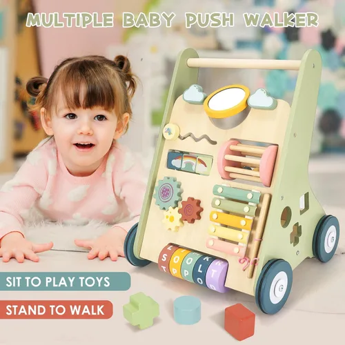 Vista 2 de Andador de madera para bebés, Montessori Push Walker para bebés de 10 a 12 Andador de bebé con centro de actividad, velocidad ajustable, juegos Verde