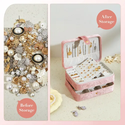Vista 2 de BUTI4WLD Joyero pequeño de terciopelo para mujeres y niñas, estuche portátil de viaje de doble capa para anillos, colgantes, aretes, collares